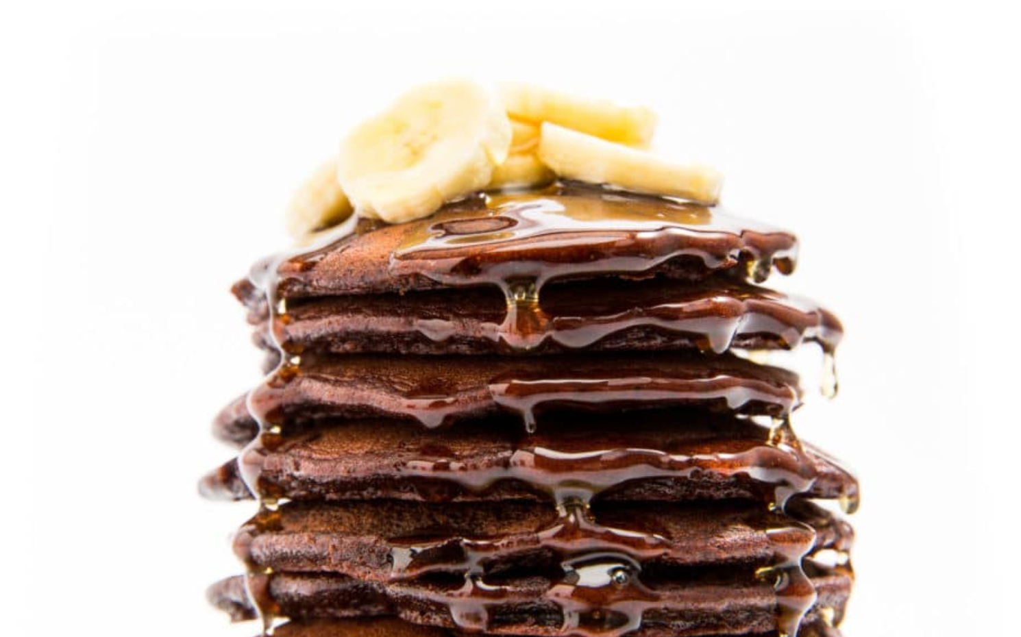 Closeup view of a stack of Miss Jones Baking Co Double Chocolate Stout Pancakes