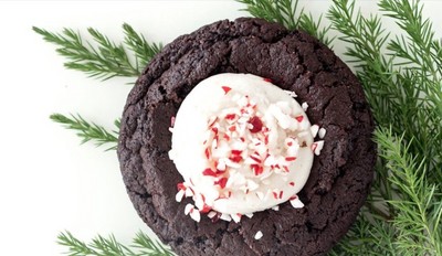 Chewy Chocolate Cake Mix Thumbprint Cookies with Peppermint Bark Frosting