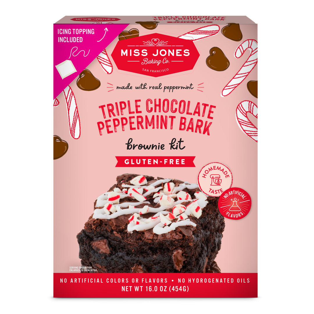 Packaging for Miss Jones Baking Co. Triple Chocolate Peppermint Bark Brownie, highlighting the gluten-free aspect and the presence of real rolled peppermint.