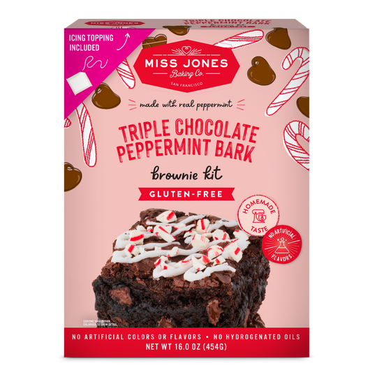Packaging for Miss Jones Baking Co. Triple Chocolate Peppermint Bark Brownie, highlighting the gluten-free aspect and the presence of real rolled peppermint.